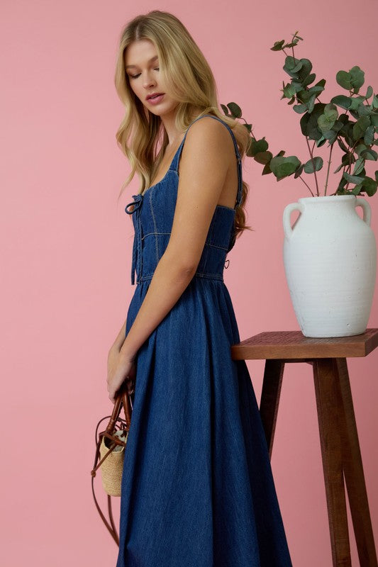 Lace Up Sleeveless Denim Midi Dress