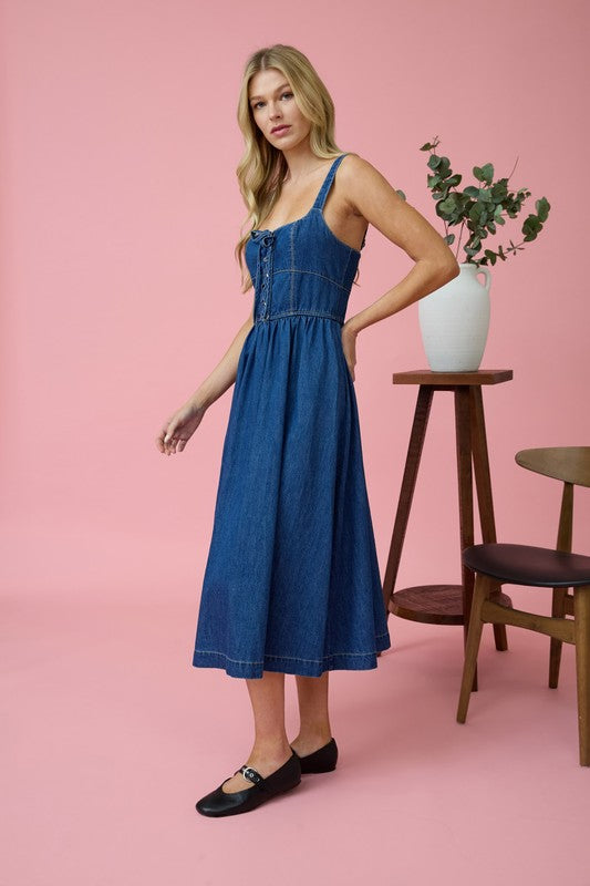Lace Up Sleeveless Denim Midi Dress