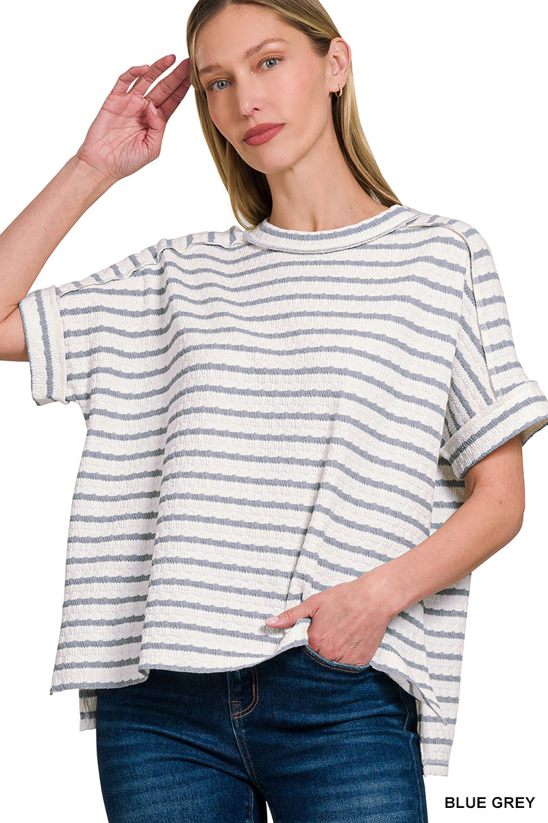 Shirred Oversized Striped Top Blue Grey