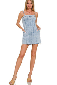 Spaghetti Strap Light Wash Denim Dress w/ Pockets