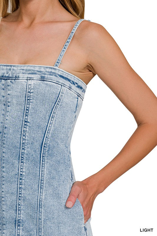 Spaghetti Strap Light Wash Denim Dress w/ Pockets