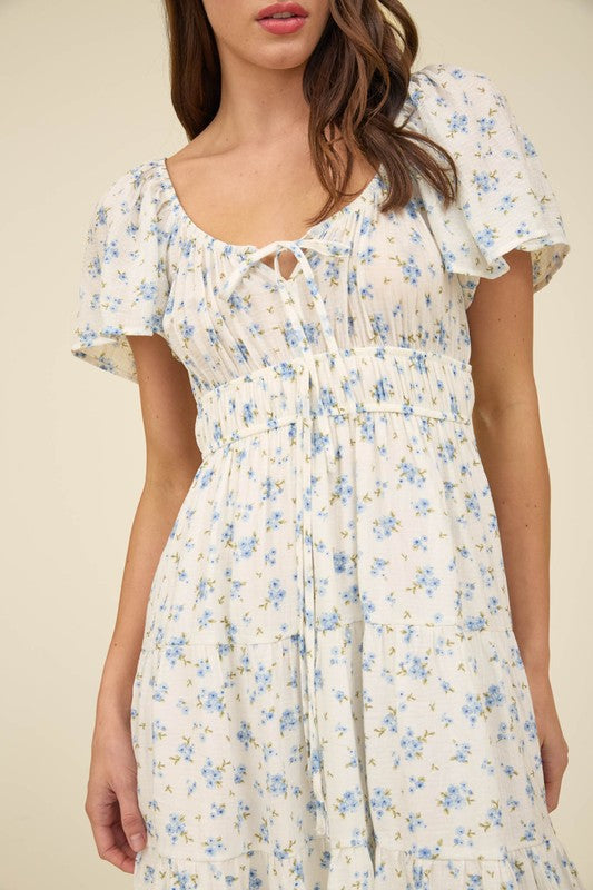 Cherry Blossom Front Tie Short Sleeve Mini Dress