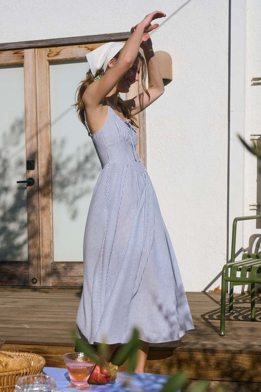 Striped Sleeveless Corset Detail Midi Dress Navy