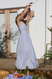 Striped Sleeveless Corset Detail Midi Dress Navy