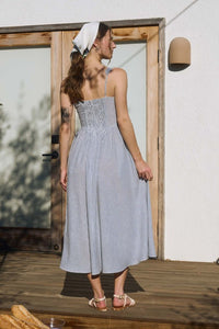 Striped Sleeveless Corset Detail Midi Dress Navy