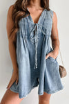 Front Pleated V Neck Sleeveless Denim Romper