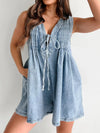 Front Pleated V Neck Sleeveless Denim Romper