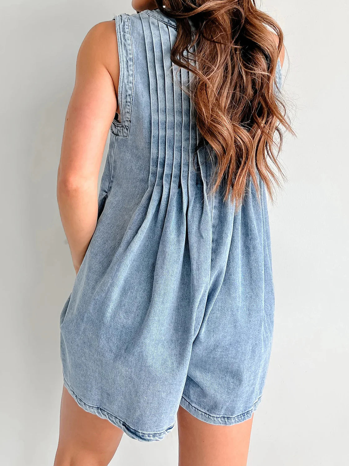 Front Pleated V Neck Sleeveless Denim Romper