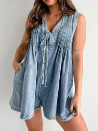 Front Pleated V Neck Sleeveless Denim Romper