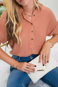 Mid Button Down Cuffed Short Sleeve Top