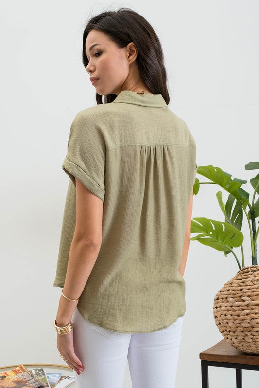 Mid Button Down Cuffed Short Sleeve Top