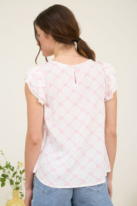 Bow Clip Dot Pattern Ruffle Sleeve Blouse