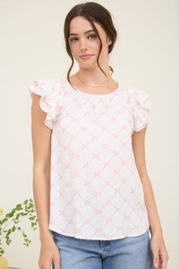 Bow Clip Dot Pattern Ruffle Sleeve Blouse