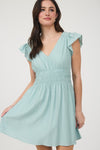 V Neck Shirred Waist Ruffle Sleeve Mini Dress