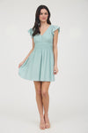 V Neck Shirred Waist Ruffle Sleeve Mini Dress