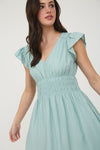 V Neck Shirred Waist Ruffle Sleeve Mini Dress