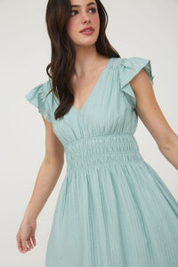 V Neck Shirred Waist Ruffle Sleeve Mini Dress