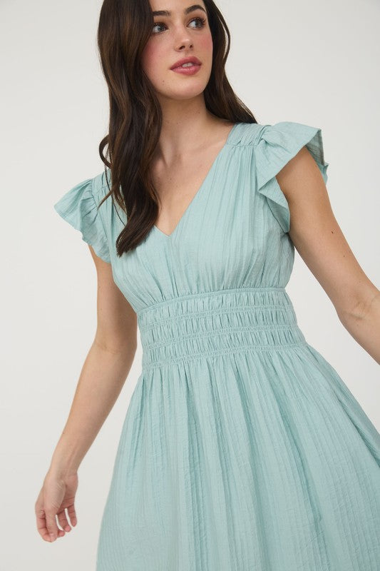V Neck Shirred Waist Ruffle Sleeve Mini Dress