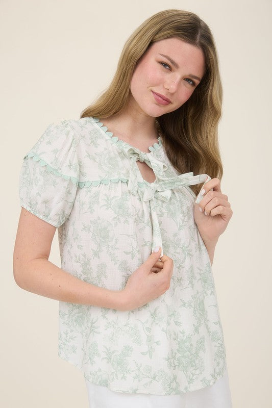 Floral Print Scallop Trim Double Front Tie Blouse