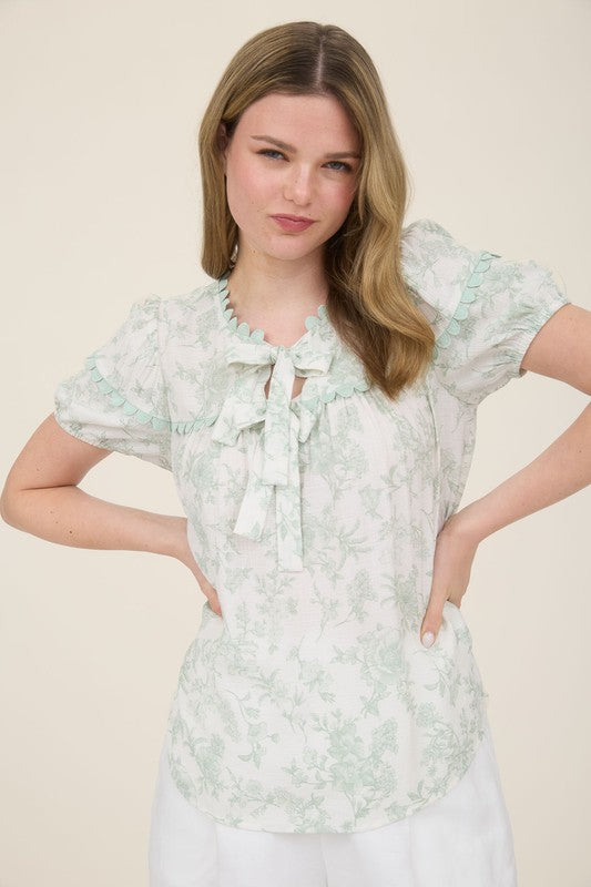 Floral Print Scallop Trim Double Front Tie Blouse