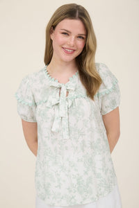 Floral Print Scallop Trim Double Front Tie Blouse