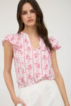 Stripe Floral Split Neck Ruffle Sleeve Top