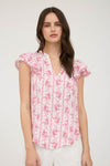 Stripe Floral Split Neck Ruffle Sleeve Top