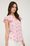 Stripe Floral Split Neck Ruffle Sleeve Top