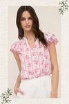Stripe Floral Split Neck Ruffle Sleeve Top
