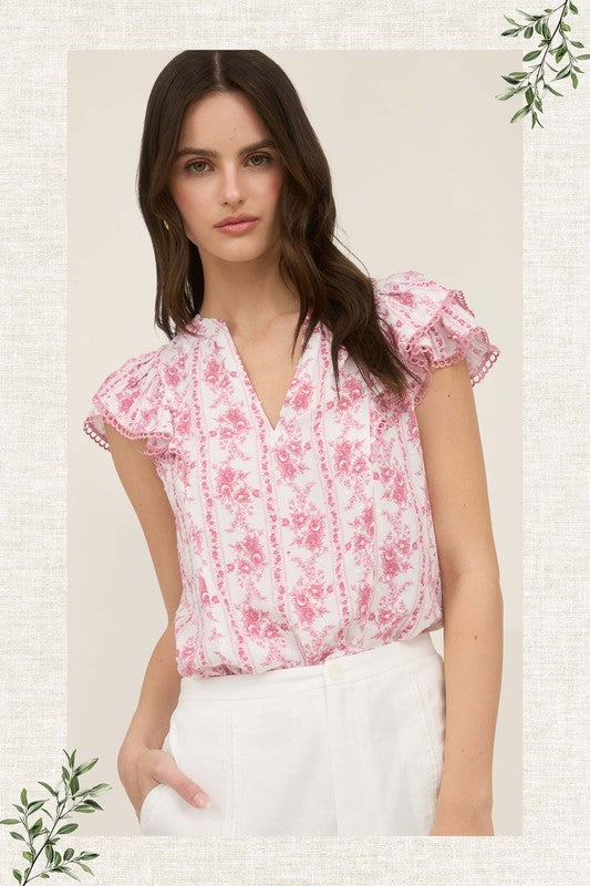 Stripe Floral Split Neck Ruffle Sleeve Top
