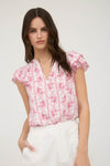 Stripe Floral Split Neck Ruffle Sleeve Top