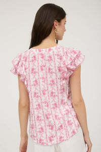 Stripe Floral Split Neck Ruffle Sleeve Top