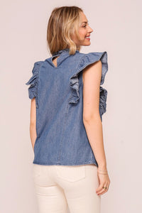 Mock Ruffle Trim Denim Ruffle Cap Sleeve Top