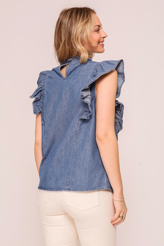 Mock Ruffle Trim Denim Ruffle Cap Sleeve Top