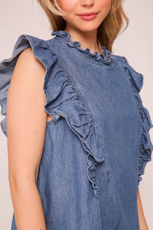 Mock Ruffle Trim Denim Ruffle Cap Sleeve Top