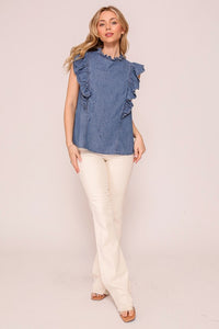 Mock Ruffle Trim Denim Ruffle Cap Sleeve Top