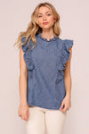 Mock Ruffle Trim Denim Ruffle Cap Sleeve Top