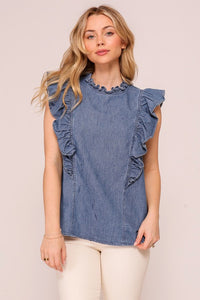 Mock Ruffle Trim Denim Ruffle Cap Sleeve Top