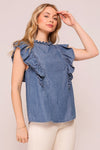 Mock Ruffle Trim Denim Ruffle Cap Sleeve Top