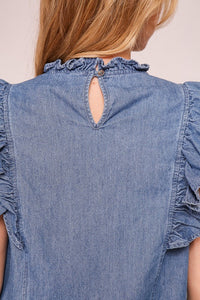Mock Ruffle Trim Denim Ruffle Cap Sleeve Top
