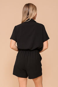 Short Sleeve Collared Button Down Romper With Front Pockets