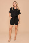 Short Sleeve Collared Button Down Romper With Front Pockets