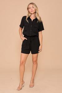Short Sleeve Collared Button Down Romper With Front Pockets