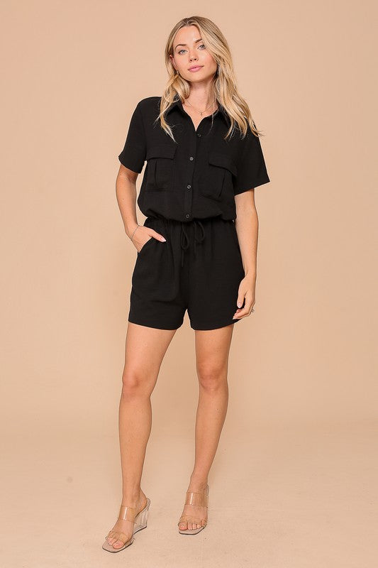 Short Sleeve Collared Button Down Romper With Front Pockets