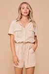 Short Sleeve Collared Button Down Romper With Front Pockets
