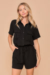Short Sleeve Collared Button Down Romper With Front Pockets
