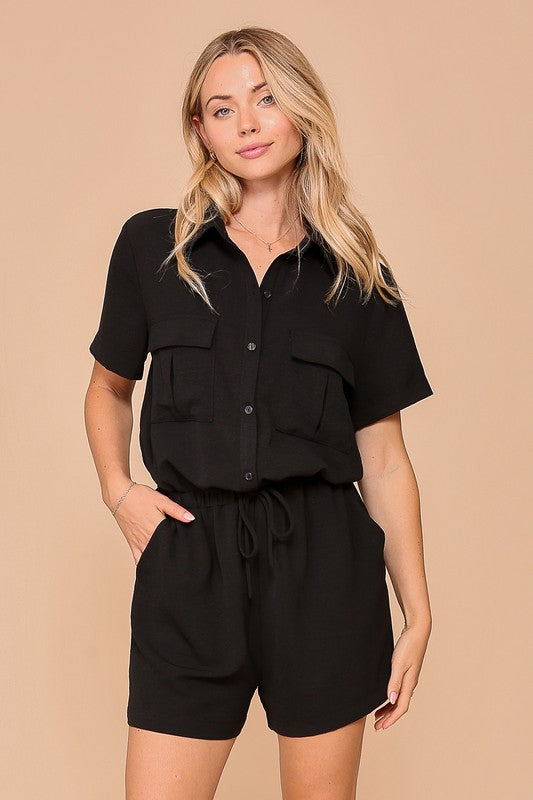 Short Sleeve Collared Button Down Romper With Front Pockets