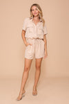 Short Sleeve Collared Button Down Romper With Front Pockets