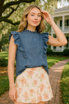 Mock Ruffle Trim Denim Ruffle Cap Sleeve Top