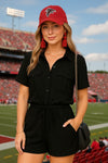 Short Sleeve Collared Button Down Romper With Front Pockets